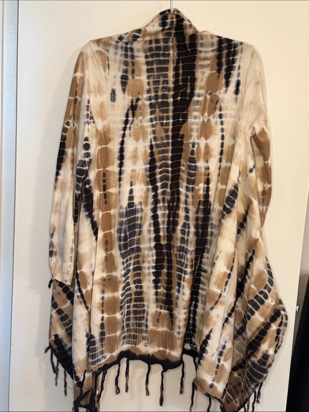 Soft Surroundings Ink Blue Tan & White Tie-Dye Fringe Open Cardigan/Dress small